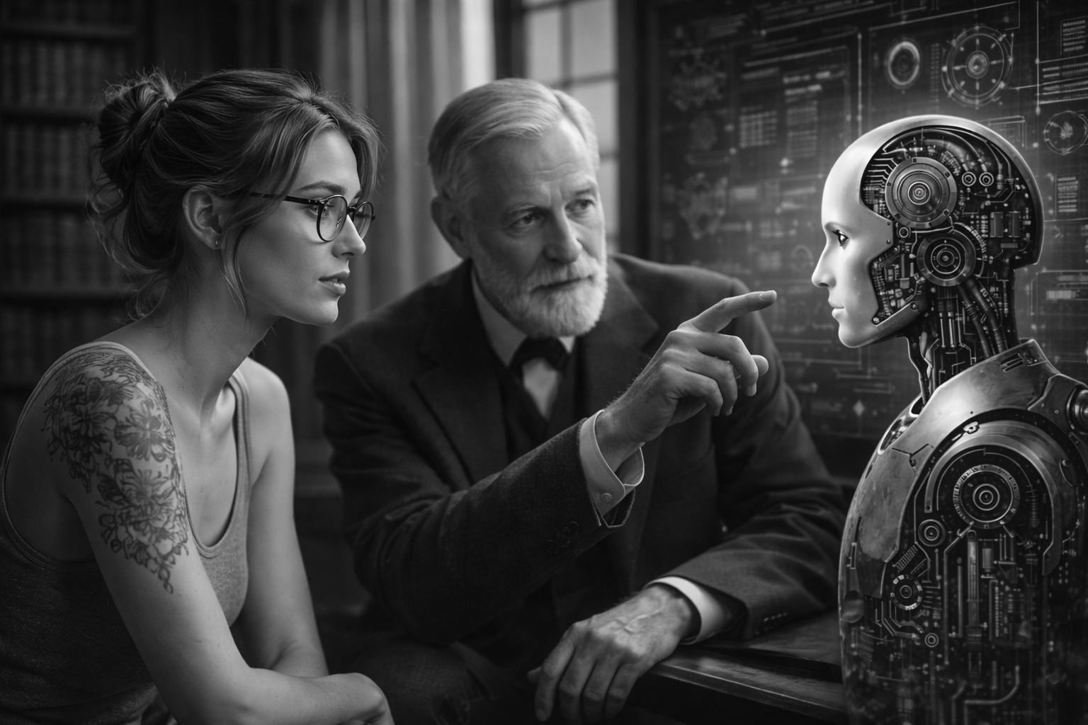 Estudiante y figura clásica reflexionando sobre inteligencia artificial